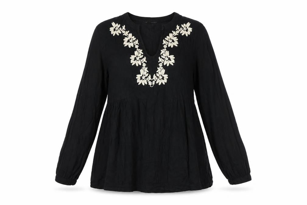 Brave Soul Womens Black Floral Viscose Basic Blouse Size S V-Neck - Embroidered Flowers