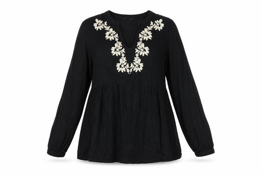 Brave Soul Womens Black Floral Viscose Basic Blouse Size S V-Neck - Embroidered Flowers