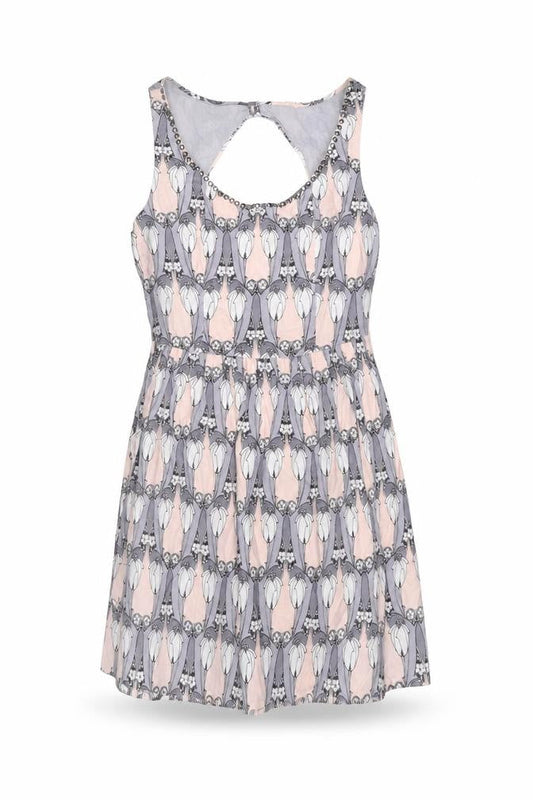 Oasis Womens Grey Geometric Cotton Skater Dress Size 12 Scoop Neck Zip - Studded