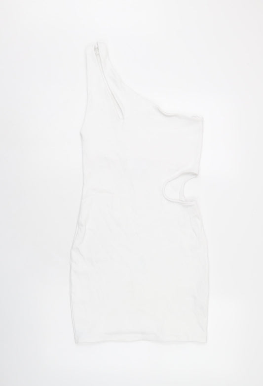 Zara Womens White Cotton Bodycon Size L One Shoulder Pullover - Cut Out Detail