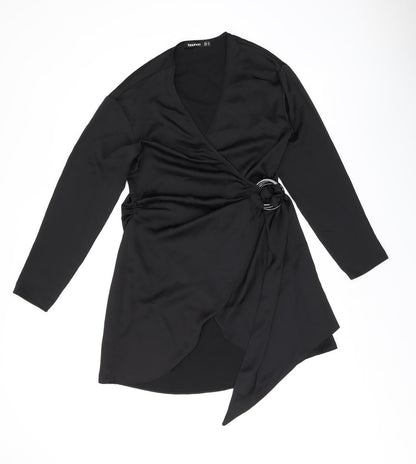 Boohoo Womens Black Polyester Wrap Dress Size 8 V-Neck Tie