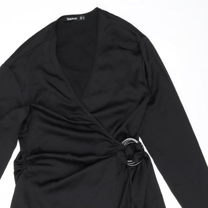 Boohoo Womens Black Polyester Wrap Dress Size 8 V-Neck Tie