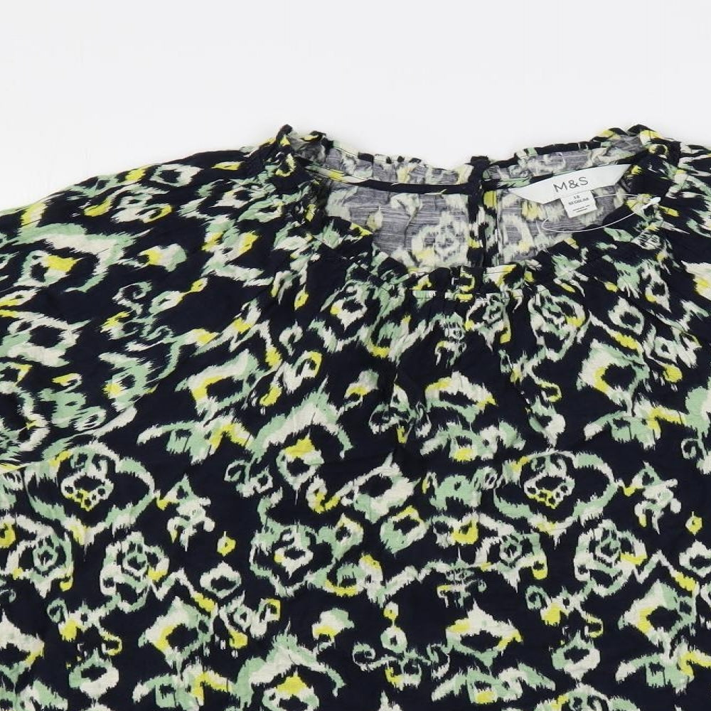 Marks and Spencer Womens Blue Geometric Cotton Basic Blouse Size 14 Mock Neck