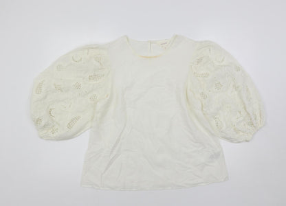 Per Una Womens Ivory Cotton Basic Blouse Size 8 Round Neck - Embroidered
