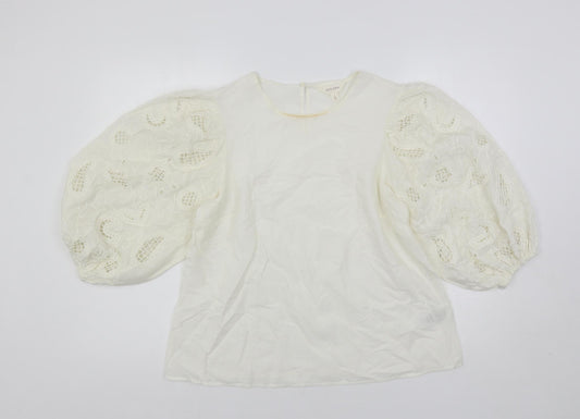 Per Una Womens Ivory Cotton Basic Blouse Size 8 Round Neck - Embroidered
