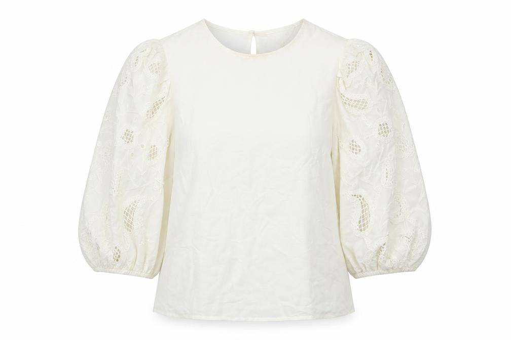 Per Una Womens Ivory Cotton Basic Blouse Size 8 Round Neck - Embroidered