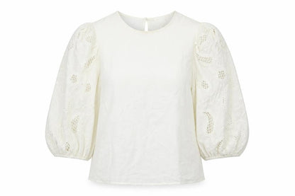Per Una Womens Ivory Cotton Basic Blouse Size 8 Round Neck - Embroidered