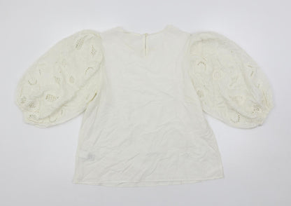 Per Una Womens Ivory Cotton Basic Blouse Size 8 Round Neck - Embroidered