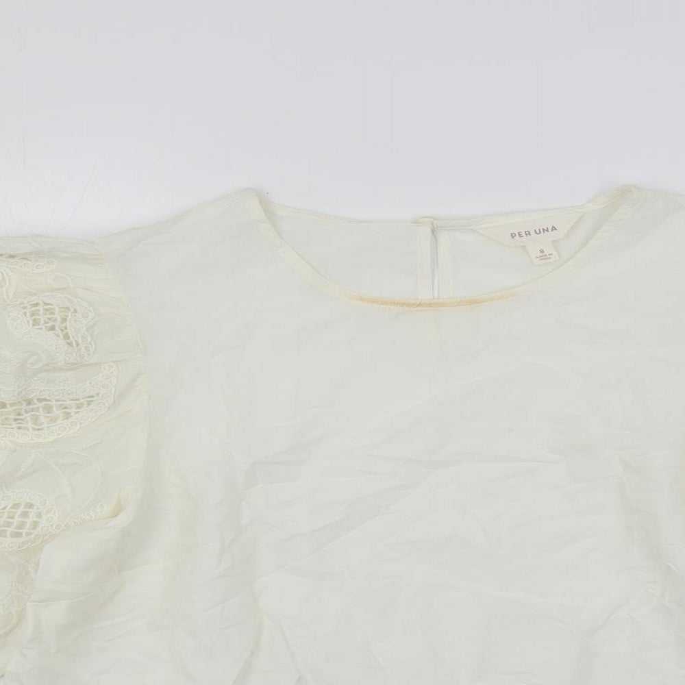 Per Una Womens Ivory Cotton Basic Blouse Size 8 Round Neck - Embroidered