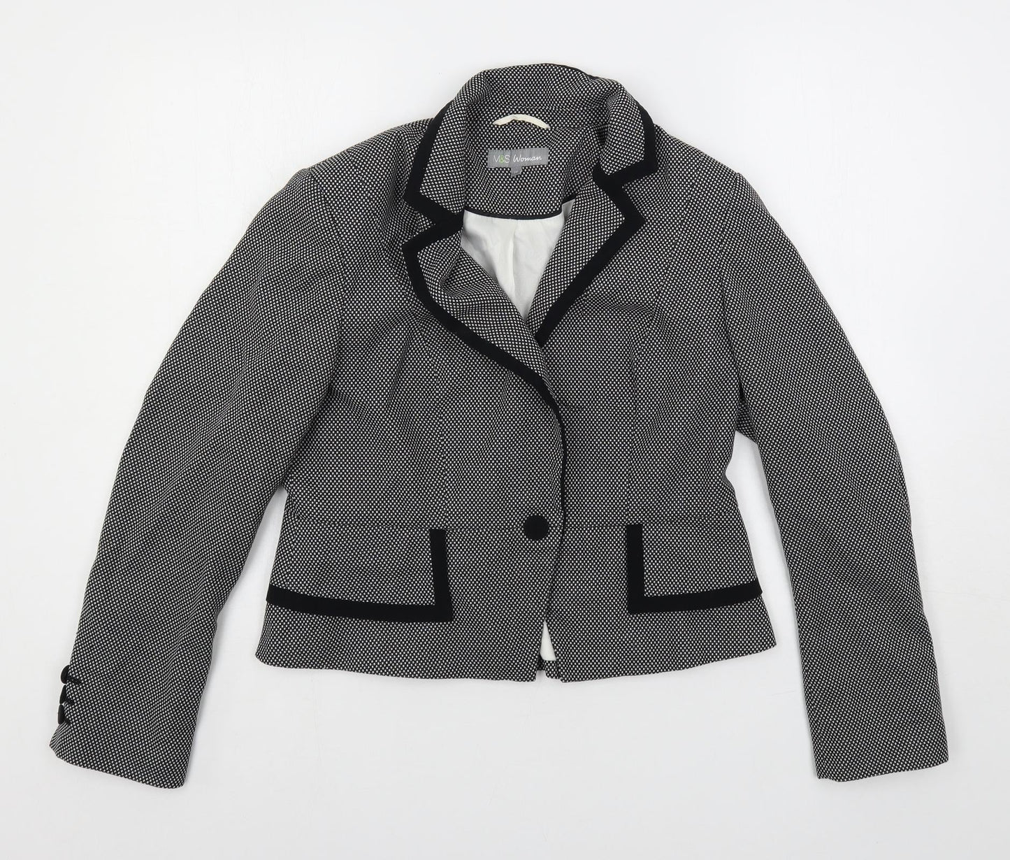 Marks and Spencer Womens Black Geometric Jacket Blazer Size 14 Button