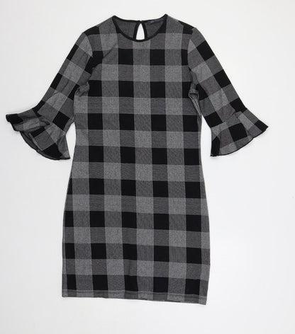 Marks & Spencer Womens Black Check Cotton Shift Size 10 Round Neck Button - Ruffle Sleeves