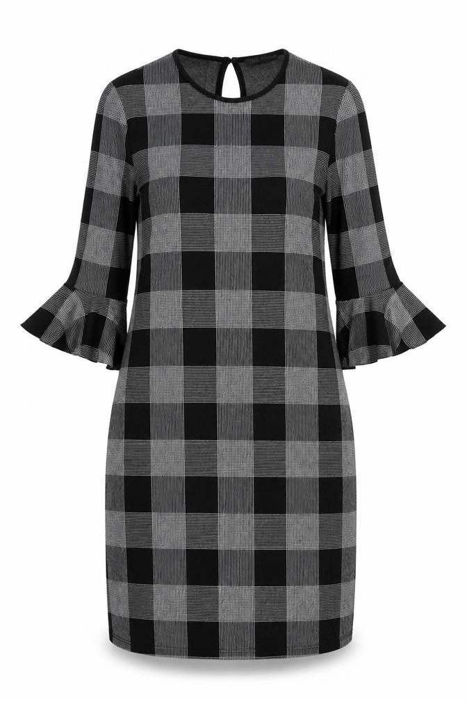 Marks & Spencer Womens Black Check Cotton Shift Size 10 Round Neck Button - Ruffle Sleeves