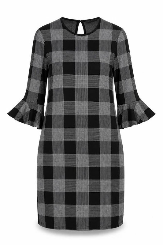 Marks & Spencer Womens Black Check Cotton Shift Size 10 Round Neck Button - Ruffle Sleeves