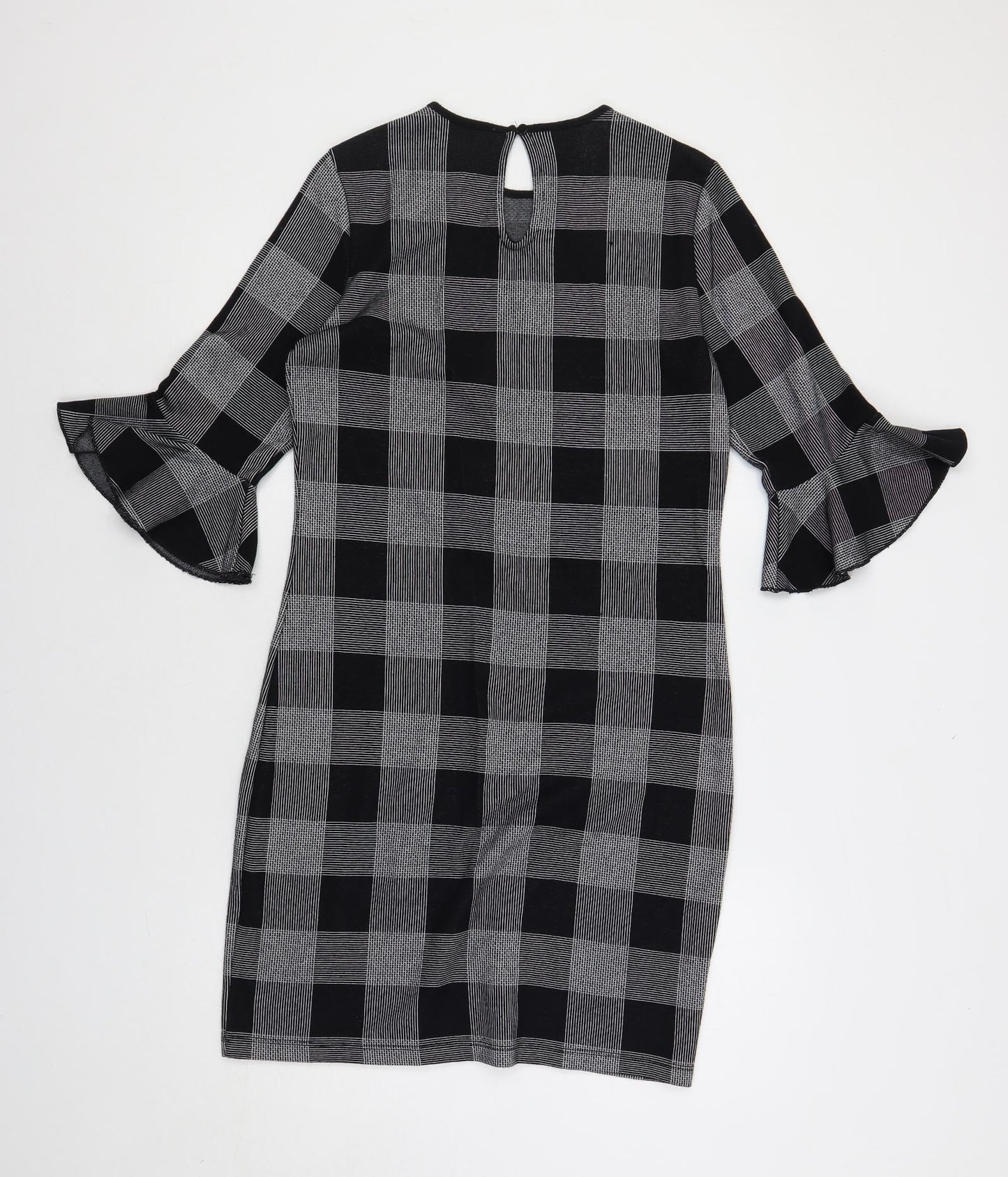 Marks and Spencer Womens Black Check Cotton Shift Size 10 Round Neck Button - Ruffle Sleeves