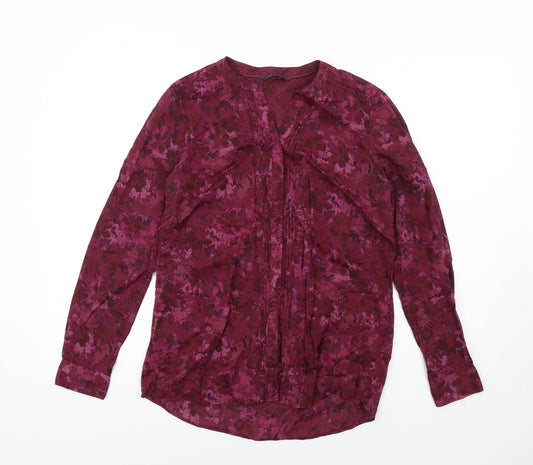 Marks and Spencer Womens Purple Floral Cotton Basic Button-Up Size 8 V-Neck