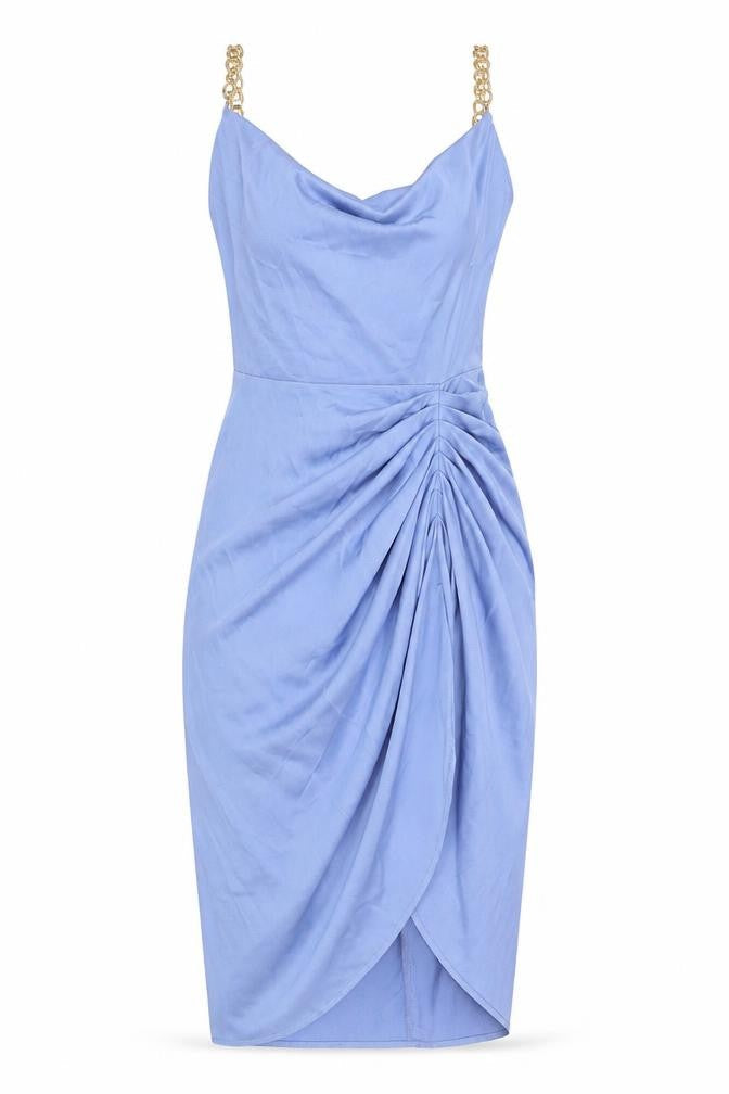 Quiz Womens Blue Polyester Bodycon Size 12 Cowl Neck Zip - Ruched Chain Straps