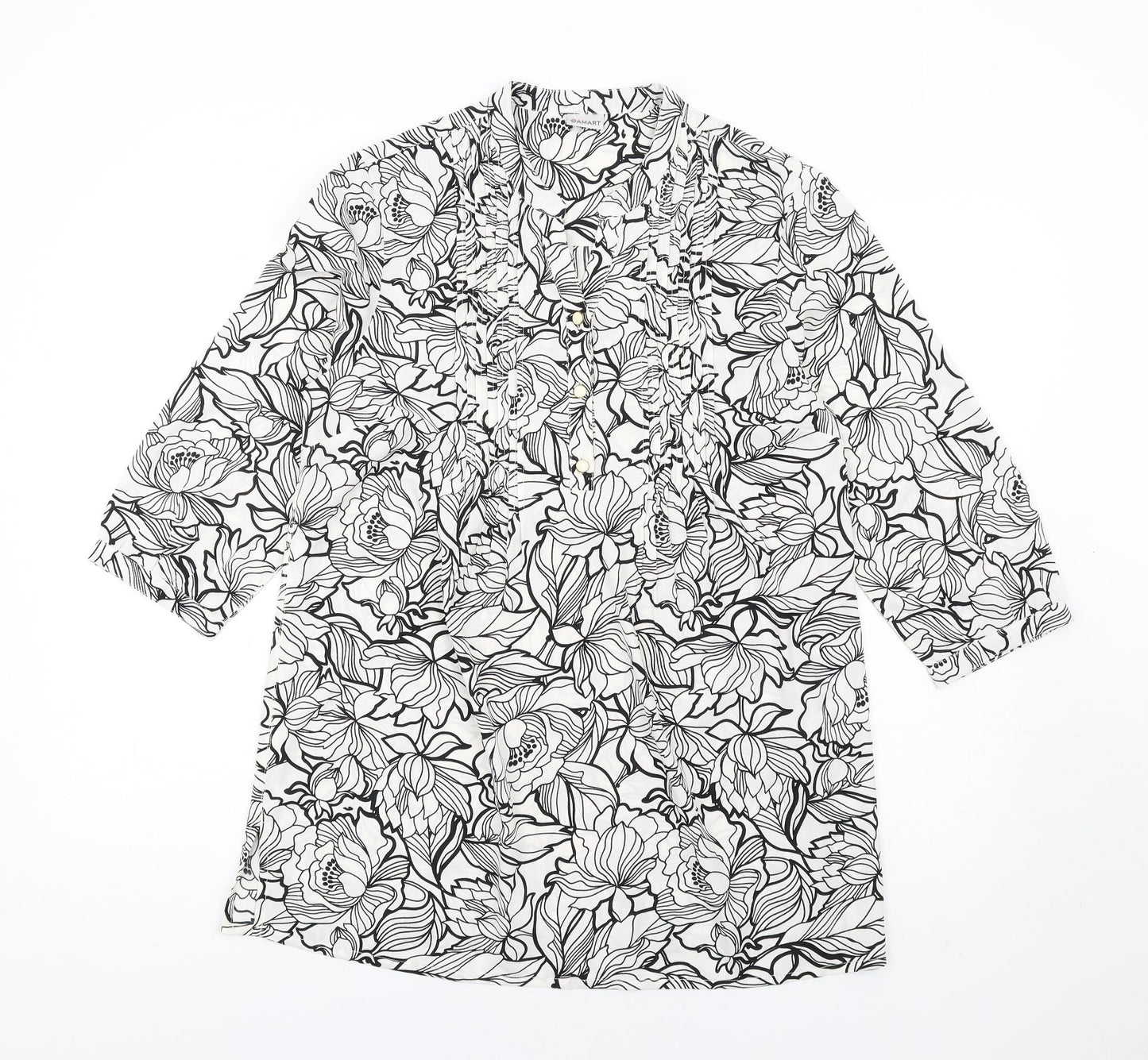 Damart Womens White Floral Polyester Basic Blouse Size 10 V-Neck