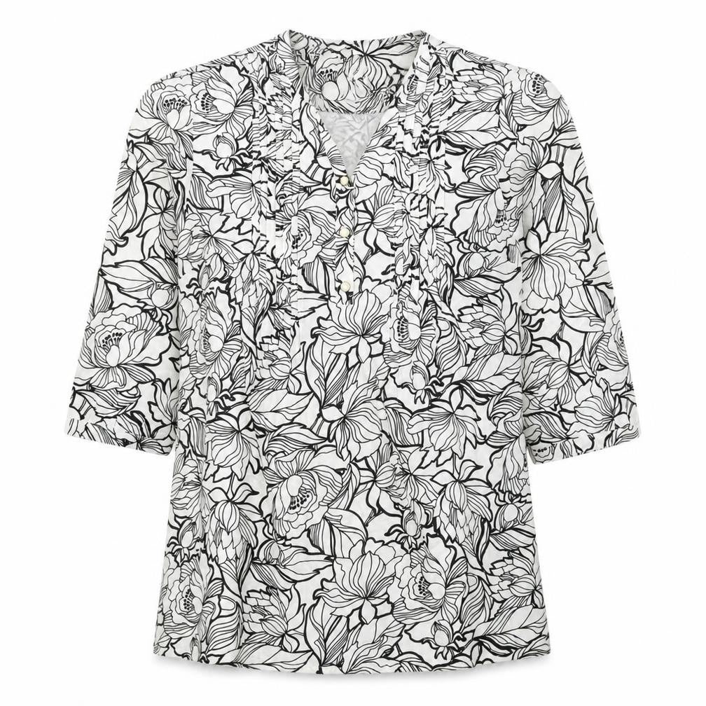 Damart Womens White Floral Polyester Basic Blouse Size 10 V-Neck