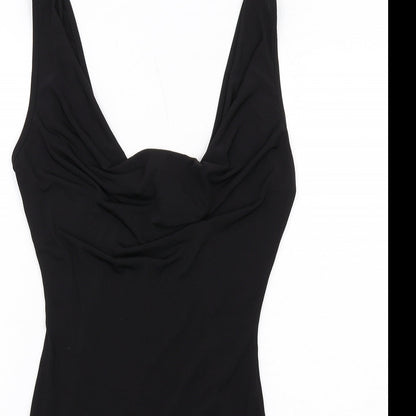 Close-up detail of Miss Selfridge women’s black polyester mini, size UK 10, cowl neck pullover