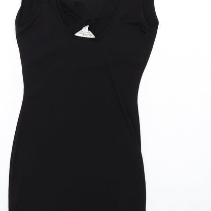 Brand and care label for Miss Selfridge women’s black polyester mini, size UK 10, cowl neck pullover