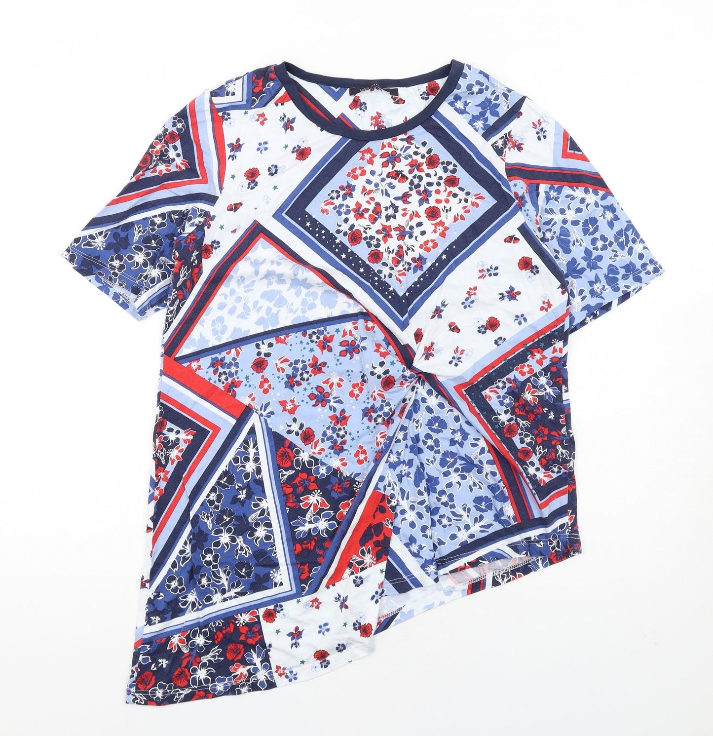 Marks and Spencer Womens Multicoloured Geometric Modal Basic Blouse Size 14 Round Neck - Twist Front Asymmetric Hem