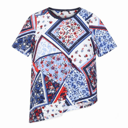 Marks and Spencer Womens Multicoloured Geometric Modal Basic Blouse Size 14 Round Neck - Twist Front Asymmetric Hem