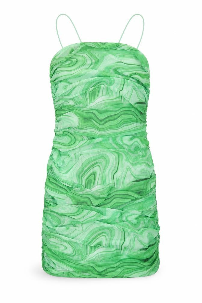 Quiz Womens Green Geometric Polyester Mini Size 10 Square Neck Pullover - Ruched