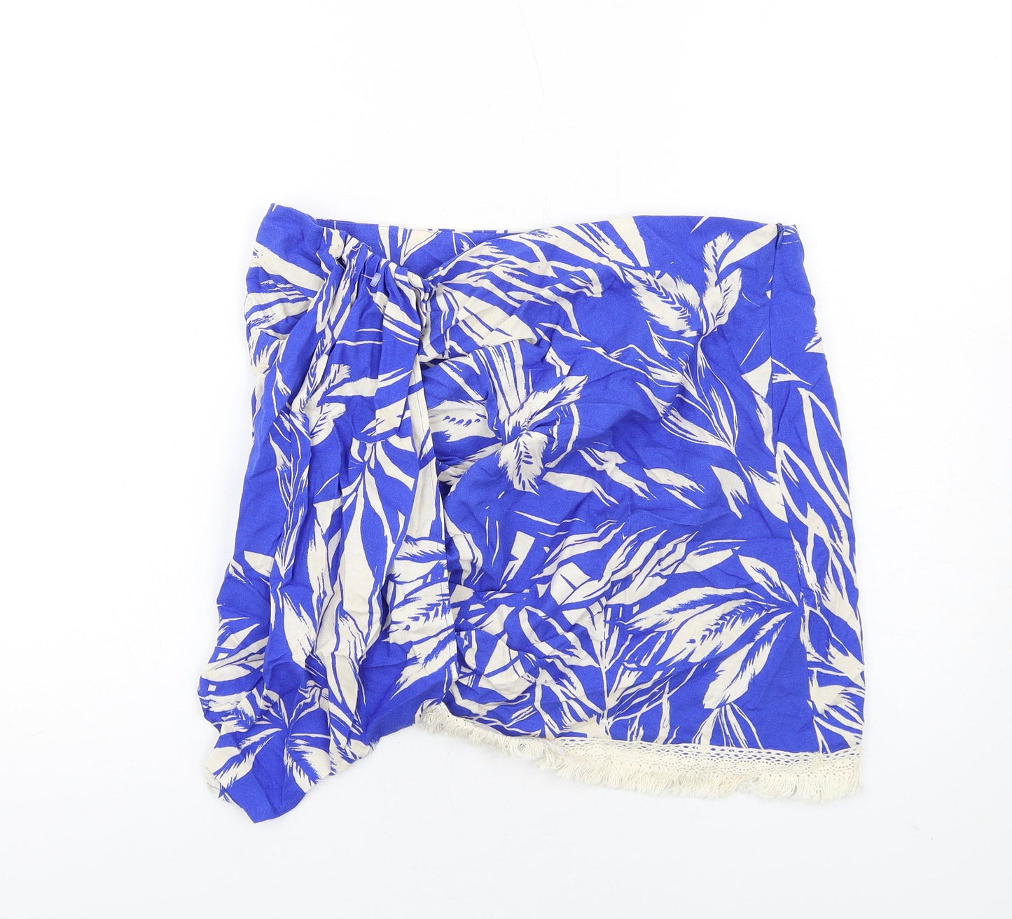Zara Womens Blue Geometric Viscose A-Line Skirt Size XL Zip - Tassel Hem