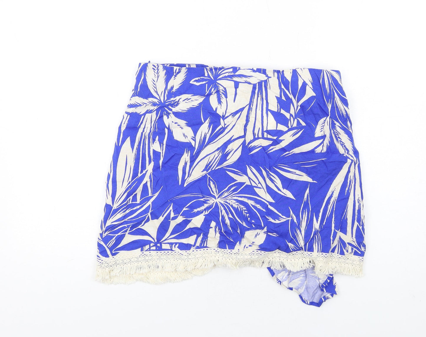 Zara Womens Blue Geometric Viscose A-Line Skirt Size XL Zip - Tassel Hem