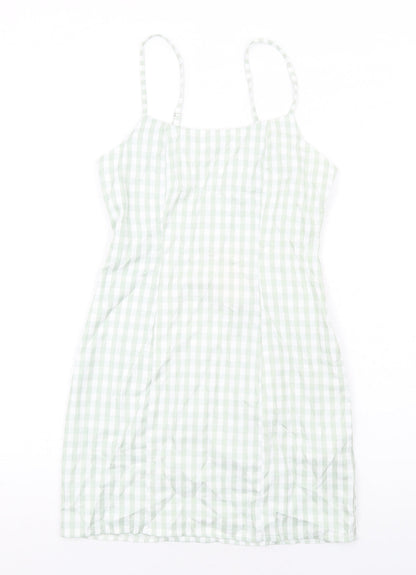 Additional front view of Missguided women’s green check cotton mini, size UK 8, square neck zip