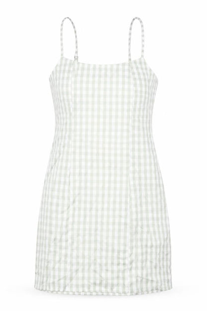 Front view of Missguided women’s green check cotton mini, size UK 8, square neck zip