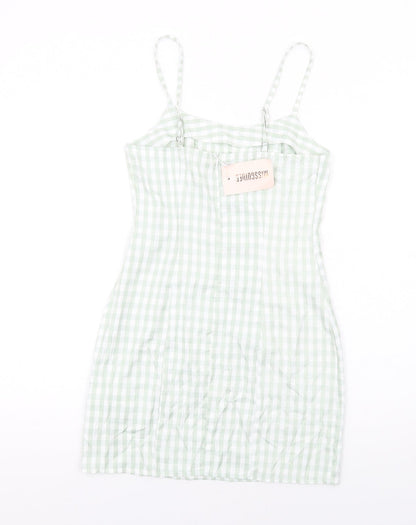 Back view of Missguided women’s green check cotton mini, size UK 8, square neck zip
