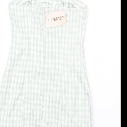 Brand and care label for Missguided women’s green check cotton mini, size UK 8, square neck zip