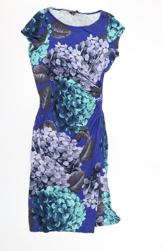 Phase Eight Womens Blue Floral Viscose Bodycon Size 12 Round Neck Pullover - Ruched
