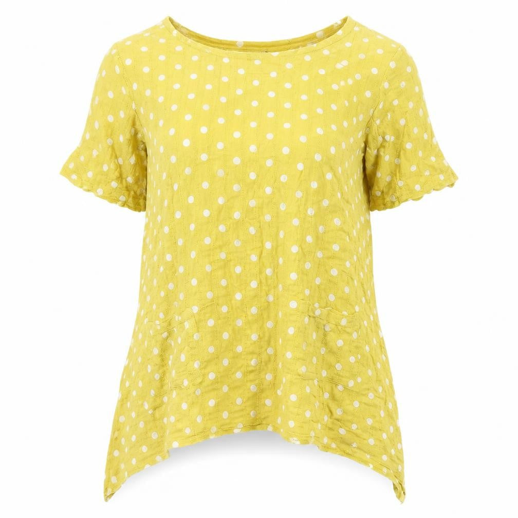 Klass Womens Yellow Polka Dot Cotton Basic T-Shirt Size 10 Round Neck