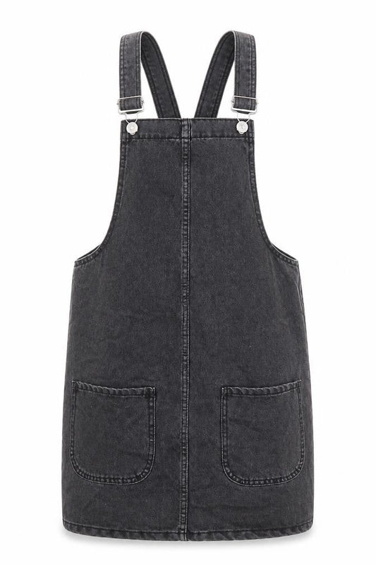Denim & Co. Womens Black Cotton Pinafore/Dungaree Dress Size 6 Square Neck Button