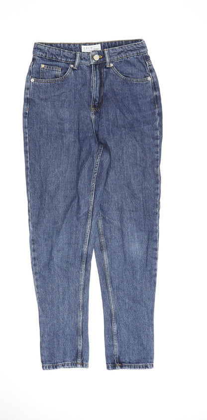 Additional front view of Denim & Co. women’s blue cotton mom jeans, size UK 8, 30-inch leg regular zip