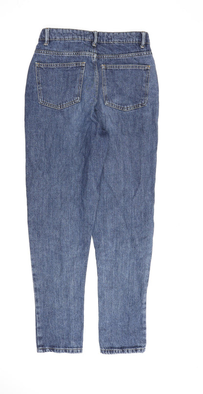 Back view of Denim & Co. women’s blue cotton mom jeans, size UK 8, 30-inch leg regular zip