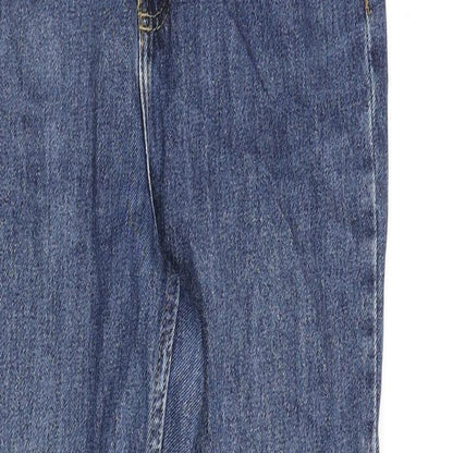 Close-up detail of Denim & Co. women’s blue cotton mom jeans, size UK 8, 30-inch leg regular zip