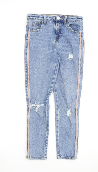 Additional front view of Denim & Co. girls’ blue cotton straight jeans, size 11-12, years regular zip