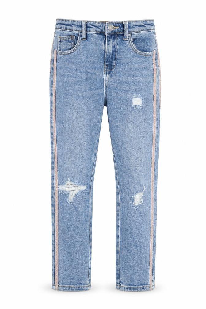 Front view of Denim & Co. girls’ blue cotton straight jeans, size 11-12, years regular zip