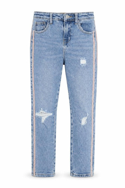 Front view of Denim & Co. girls’ blue cotton straight jeans, size 11-12, years regular zip