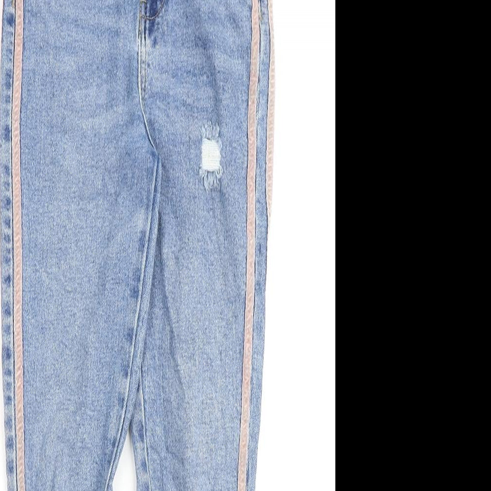 Close-up detail of Denim & Co. girls’ blue cotton straight jeans, size 11-12, years regular zip