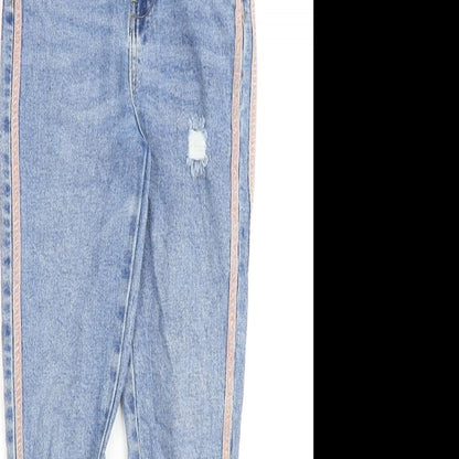 Close-up detail of Denim & Co. girls’ blue cotton straight jeans, size 11-12, years regular zip