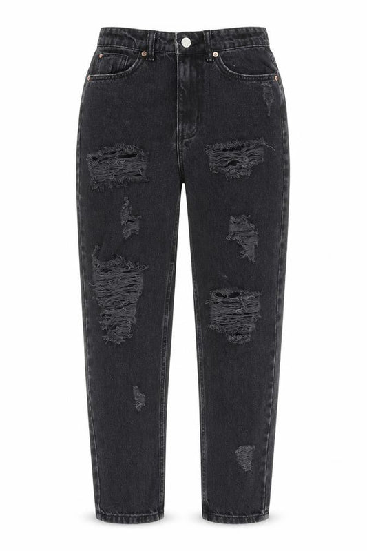 Front view of Denim & Co. women’s grey cotton mom jeans, size UK 8, 27-inch leg regular zip