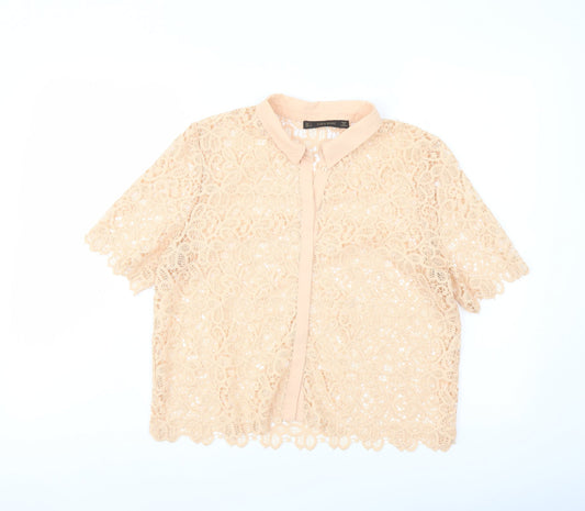 Zara Womens Pink Polyester Basic Button-Up Size M Collared
