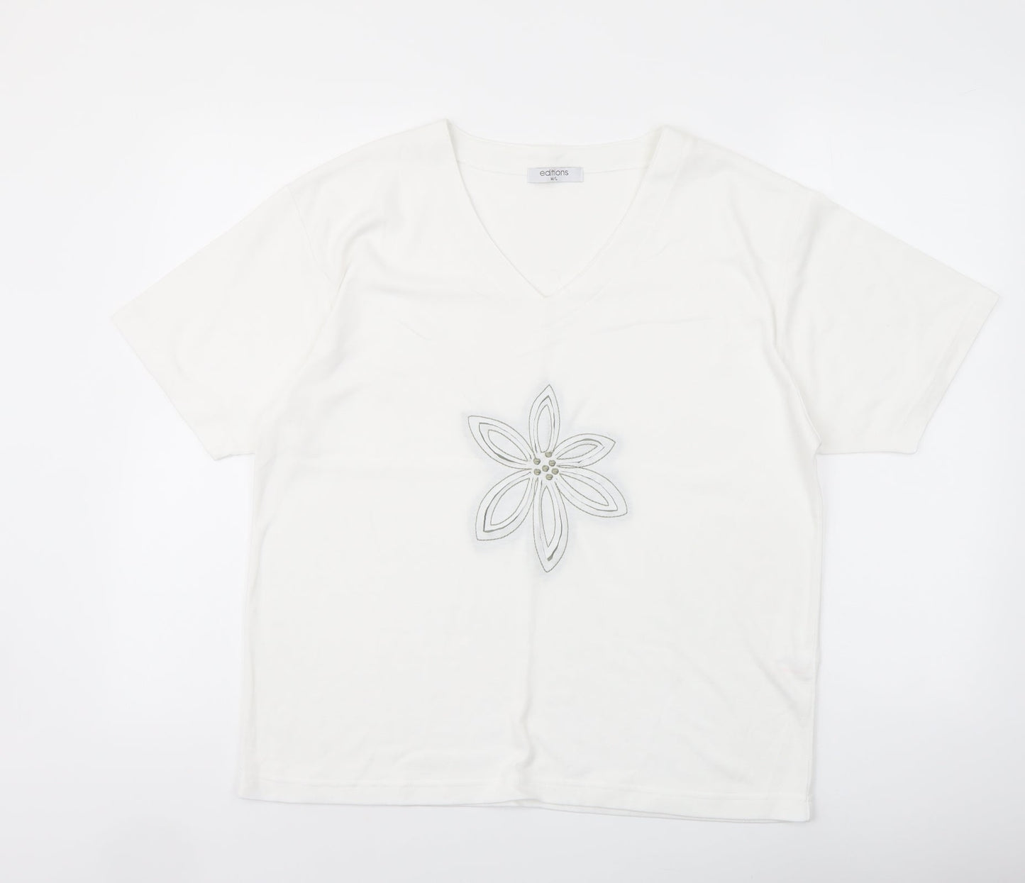Editions Womens Ivory Polyester Basic T-Shirt Size M V-Neck