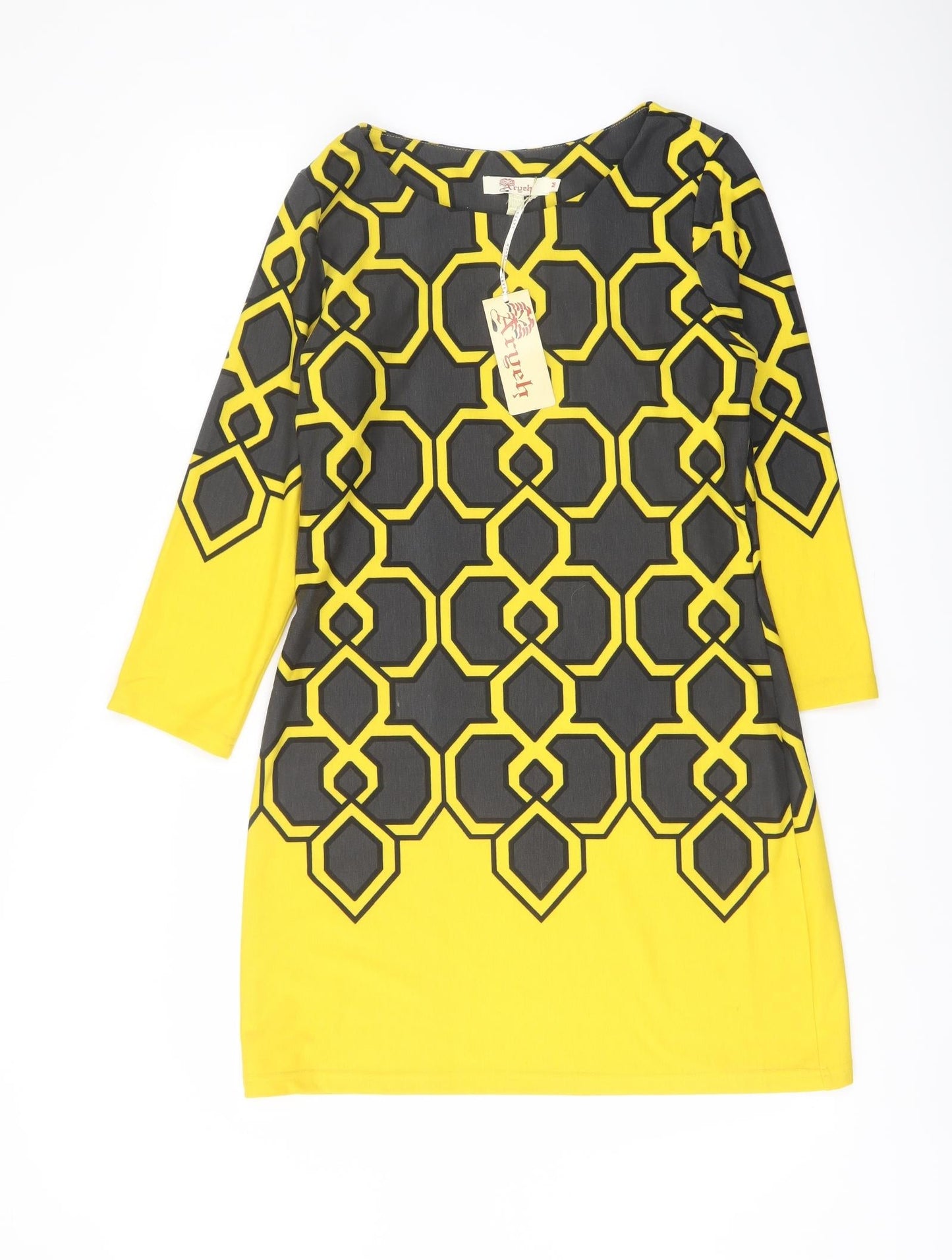 Aryeh Womens Yellow Geometric Polyester A-Line Size M Boat Neck Pullover