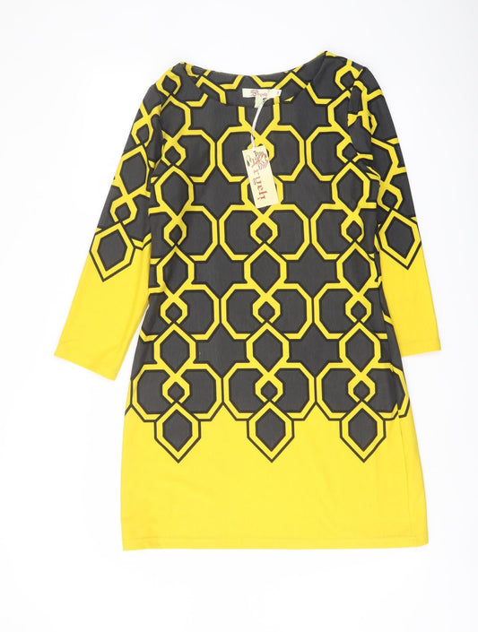 Aryeh Womens Yellow Geometric Polyester A-Line Size M Boat Neck Pullover
