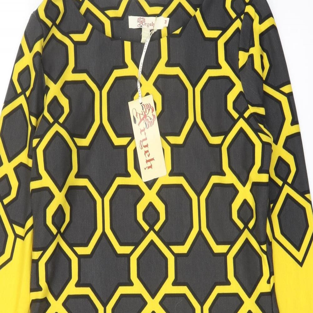 Aryeh Womens Yellow Geometric Polyester A-Line Size M Boat Neck Pullover